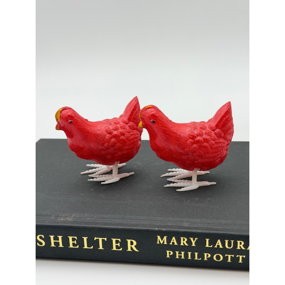 Vintage Red Hen Plastic Egg Laying Toy Bird Figurines 2.5" Set of 2